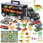 Camião de transporte de dinossauros, inclui ovos de dinossauro, mini carro de corrida, tapete de jogo, sinais de trânsito