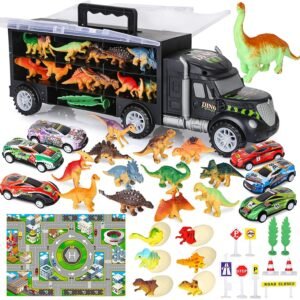 Camião de transporte de dinossauros, inclui ovos de dinossauro, mini carro de corrida, tapete de jogo, sinais de trânsito