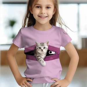 T-shirt de criança com gato de 2-12 anos